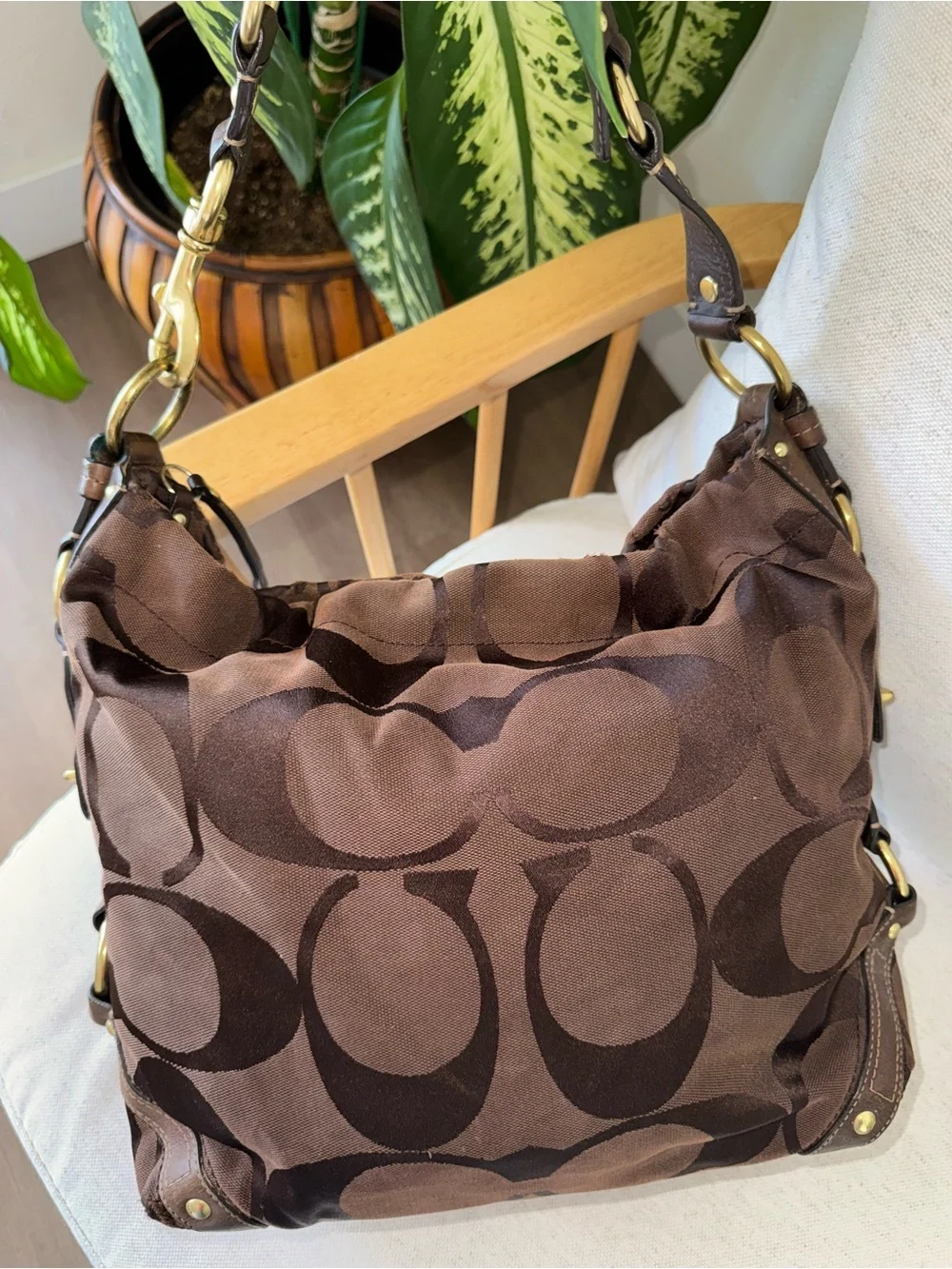 Coach Y2K Vintage Signature Carly Canvas Large Brown Hobo Shoulder Purse #10620